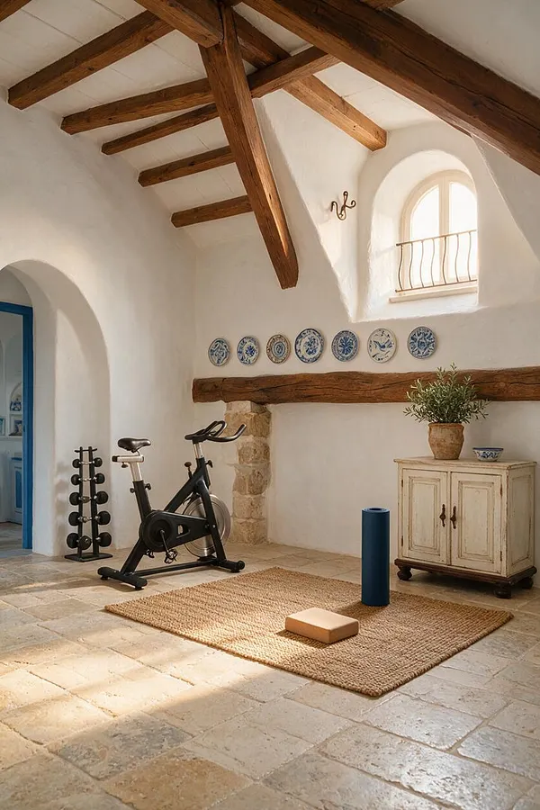 A Mediterranean-style home gym with white plaster walls, exposed wooden ceiling beams, and a stone tile floor. The room includes a stationary bike, dumbbell rack, woven rug, yoga props, an antique cabinet, and blue-and-white decorative plates on the wall.
