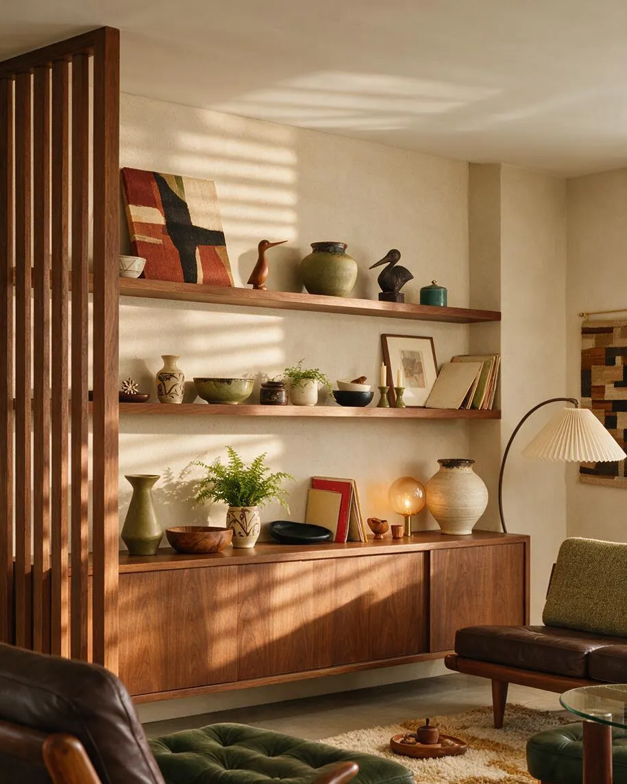 A sunlit Mid-Century Modern living room vignette with built-in walnut shelving and a low wood cabinet filled with ceramic vases, small framed art, books, and plants. Soft striped shadows fall across warm beige walls, while a leather chair, green cushion, arc floor lamp, and textured rug add layered comfort.