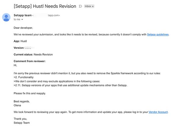 An email from Setapp regarding the app Hustl needing revision due to compliance issues.