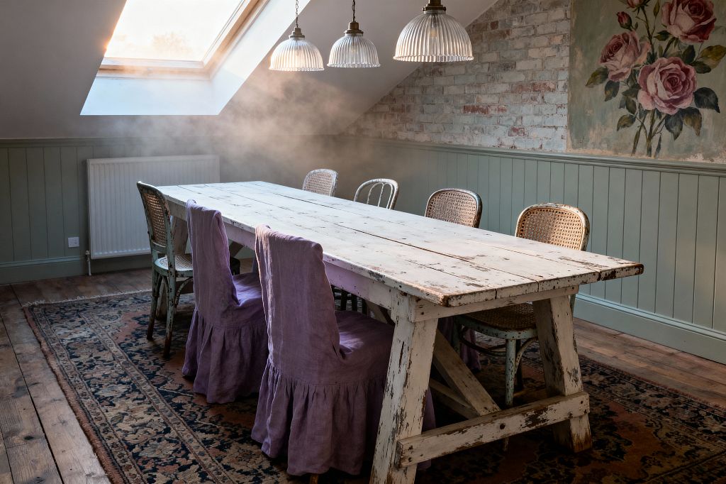 A shabby chic dining room features a long, distressed white wooden trestle table on a faded patterned rug and wide-plank floors. Mismatched seating includes cane bistro chairs and painted metal chairs, some covered with dusty lavender linen slipcovers. Sage green beadboard wainscoting runs beneath a limewashed brick wall and a vintage rose mural. Three ribbed glass pendant lights hang above, while a large roof skylight washes the space with soft natural light.