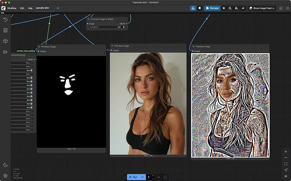 The image displays a user interface for a workflow focused on skin upscaling in photo editing.