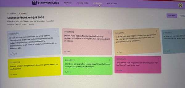 Screenshot of a digital sticky notes board interface with three colorful stickies and a sidebar menu.