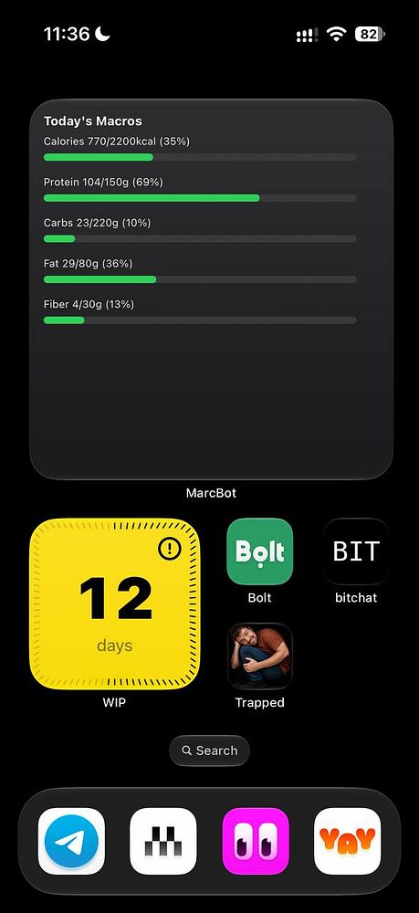 Screenshot of an iPhone Home Screen displaying various native widgets including Clock, Weather, Google Calendar, and Spotify.