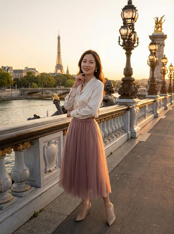 A woman poses elegantly on a bridge in Paris with the Eiffel Tower in the background during sunset.