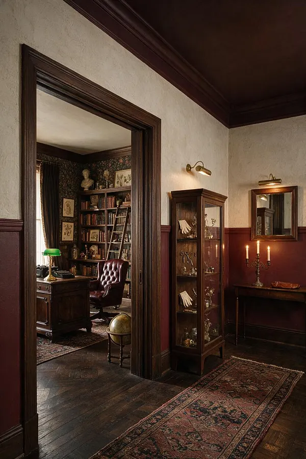 A dark academia entryway with deep burgundy wainscoting, textured cream walls, and rich wood trim and ceiling beams. A long patterned runner leads past a glass display cabinet, a small console with candles and a mirror, and an open doorway revealing a book-lined study with a leather chair and desk lamp.