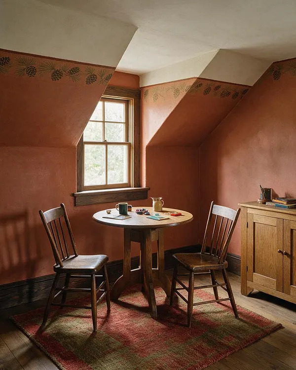 A small Craftsman-style game room nook with terracotta walls, a single wood-framed window, and a round wooden table surrounded by two wooden chairs. A patterned red-and-green rug anchors the space, and a light oak cabinet adds storage along one wall.