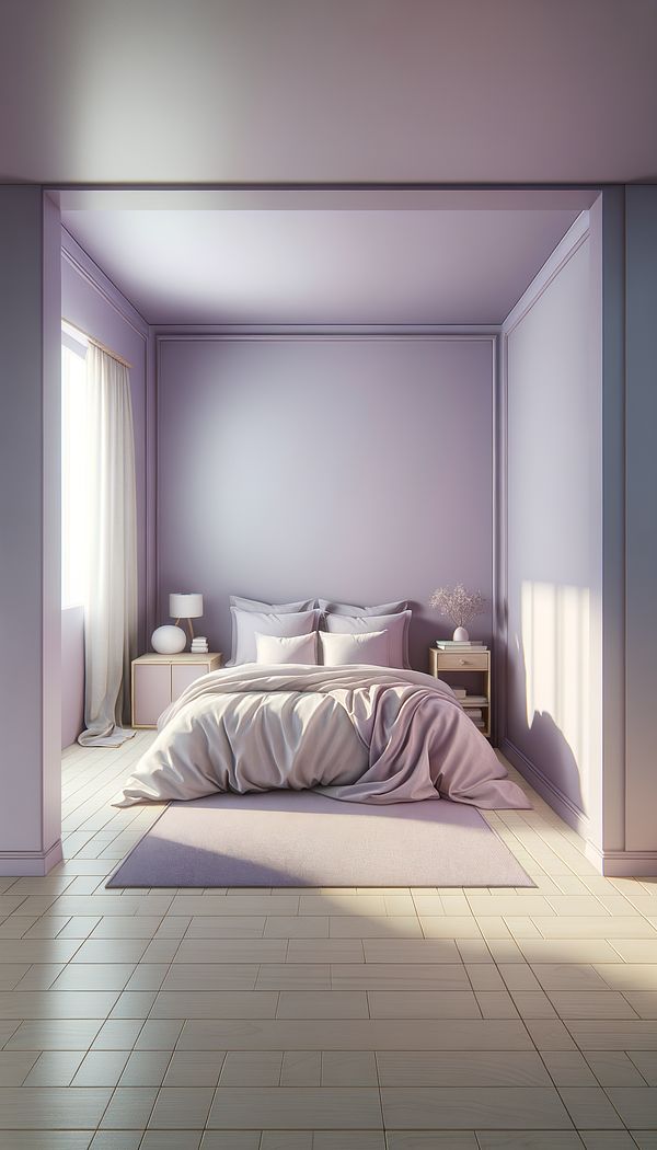 A small bedroom painted in a soothing shade of lavender, with the bed dressed in coordinating colors, showcasing the spacious effect created by receding colors.