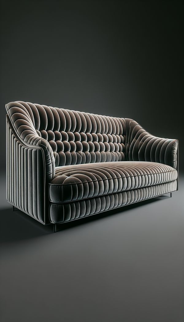 A luxurious velvet sofa with neatly padded channeling details, showcasing parallel lines along its back and seating area.
