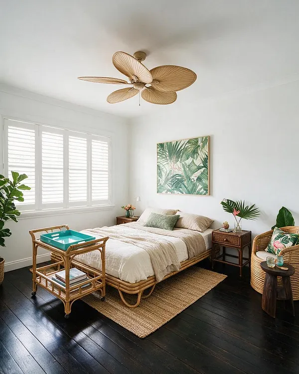 A bright tropical master bedroom with white walls, black wood floors, and a low rattan bed dressed in neutral bedding. Palm artwork, woven furniture, leafy plants, and a sculptural fan create a relaxed, airy resort-inspired feel.