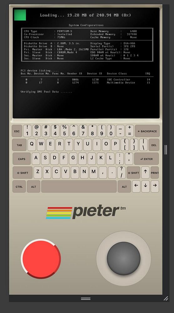 The image displays a retro-style computer interface with a keyboard and control buttons, featuring system configuration details.