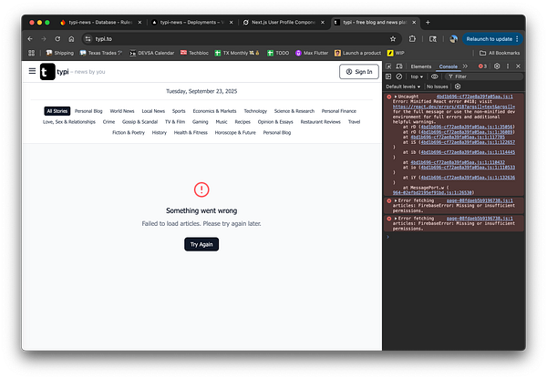 The image displays a web page with an error message indicating a failure to load articles.