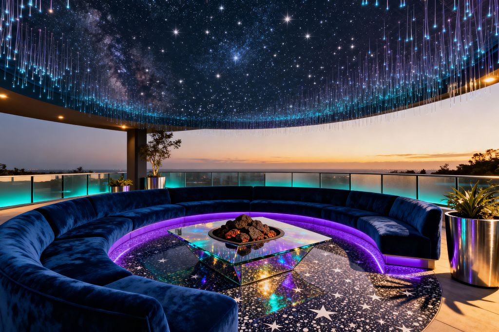 An open-air circular patio features a deep midnight-blue velvet curved sofa surrounding a low glass table with a mirrored prismatic base and a central fire bowl filled with black lava rock. A star-speckled epoxy floor and purple LED underlighting echo the fiber‑optic galaxy canopy overhead, where cascading pinpoints of blue light resemble falling stars. A glass balustrade washed with teal light frames a sunset water view, while polished stainless planters with greenery sit near structural columns.