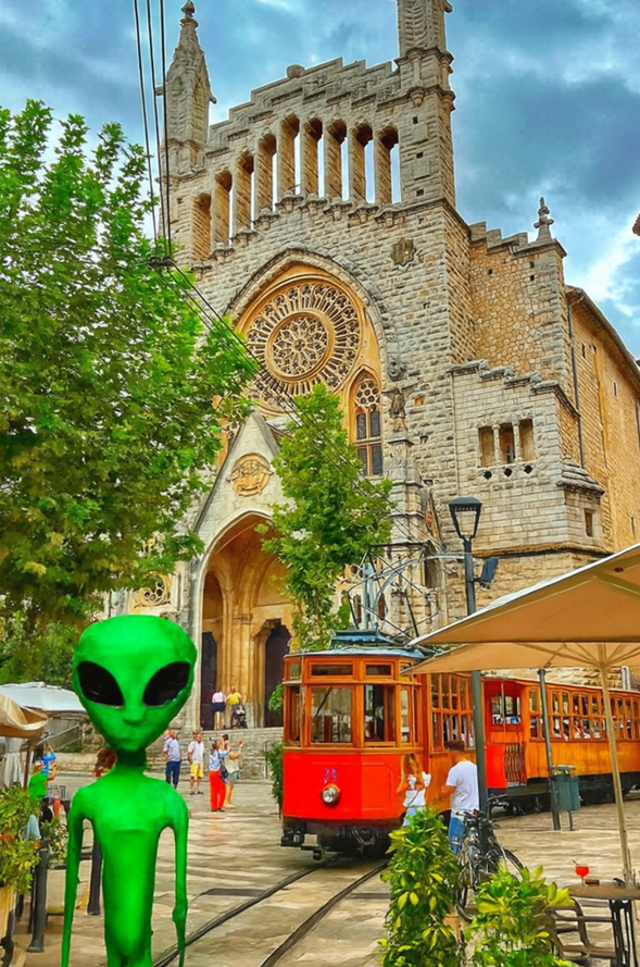 A whimsical scene featuring an alien figure in front of a historic building and a vintage tram.