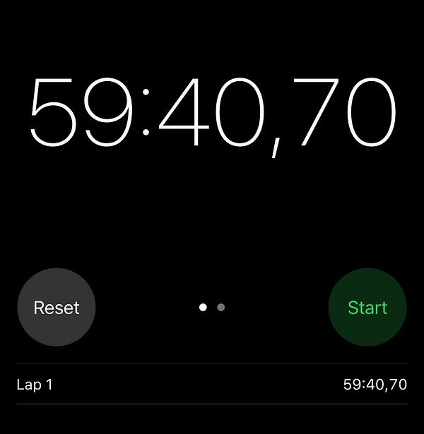 A digital stopwatch displaying a time of 59 minutes, 40 seconds, and 70 hundredths of a second.
