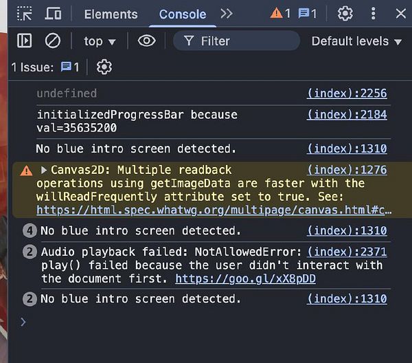 The image displays a console log from a web development tool showing various error messages related to a DOSBox application.