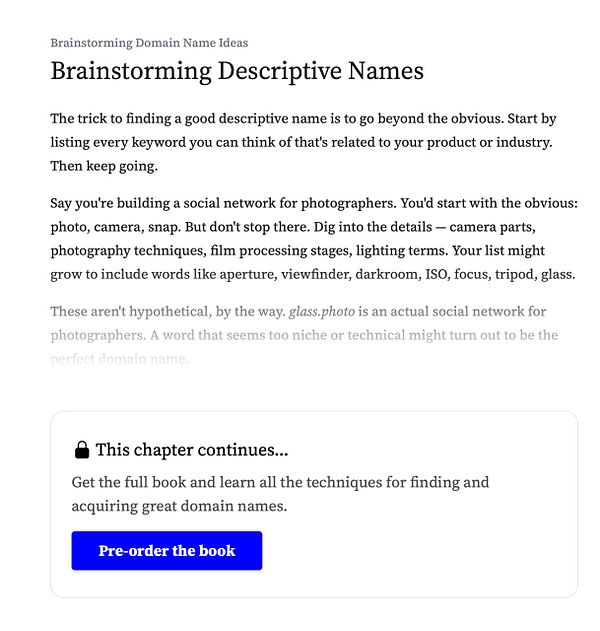 Page preview of a book titled Domain Book displaying five chapter pages and a call-to-action button at the bottom.