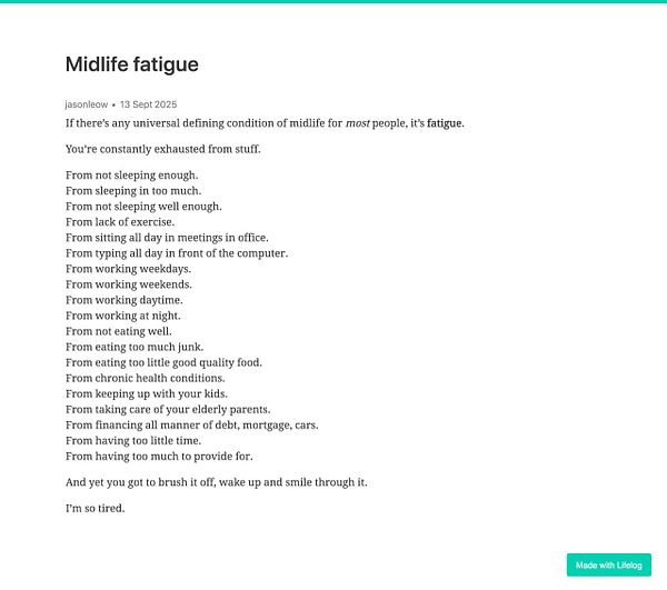 The image features a text post discussing the theme of midlife fatigue.