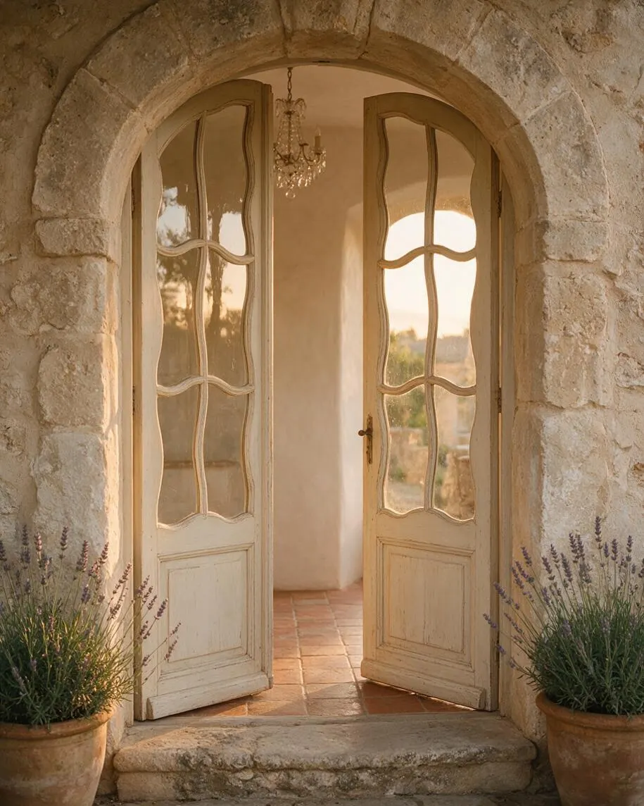 A French Country exterior entry framed by a thick stone arch and open double doors with curving glass panes. Terracotta floor tiles, potted lavender, and a small crystal chandelier create a warm, rustic welcome in soft golden light.