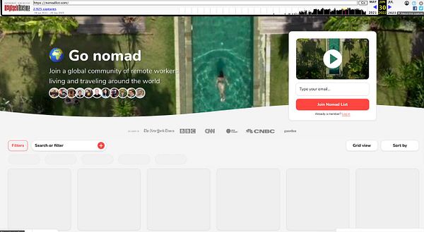 The image displays a webpage for Nomad List featuring a vibrant community of remote workers.