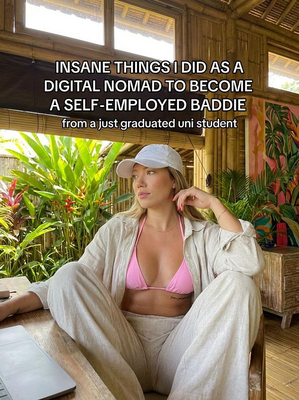 A young woman in a tropical setting shares her journey as a digital nomad.