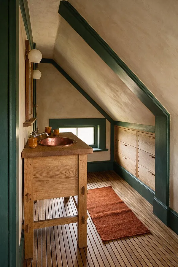 A narrow Craftsman-style bathroom with a sloped ceiling, deep green trim, and a light wood vanity topped with a copper sink. The room includes a small window, built-in side storage, a slatted wood floor, and a rust-colored rug that adds warmth to the earthy palette.