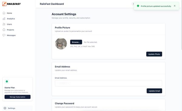 User settings dashboard interface with sections for editing personal info, managing subscriptions, updating avatar, and closing account.