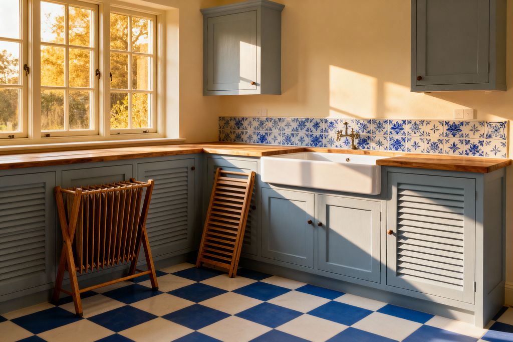 A sunlit French Country laundry room features dusty blue louvered cabinets with oak counters in an L-shaped layout, a large white apron-front sink, and a wall-mounted brass faucet set beneath a band of blue-and-white floral tiles. Blue-and-white checkerboard floor tiles, cream walls, a divided-light window, and wooden drying racks complete the warm, rustic look.