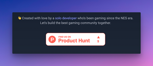 The image features a promotional badge for a gaming community on Product Hunt.