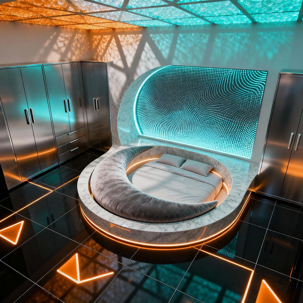 A futuristic bedroom centers on a circular bed recessed into a white marble platform, wrapped by a crescent gray upholstered bolster, with a curved niche behind it featuring a dotted wave-like panel lit in cyan LEDs. Glossy black floor tiles embed neon orange lines and arrow symbols, brushed stainless steel wardrobes flank the feature wall, and a translucent bubble-textured ceiling glows teal and amber, casting patterned shadows across the reflective room.