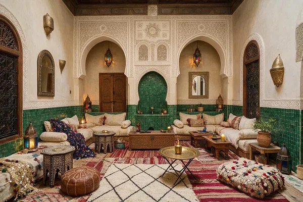 A richly decorated Moroccan-style entryway with carved white plaster arches, green zellige tile walls, and dark wood doors. Low cream sectional seating surrounds layered patterned rugs, brass lanterns, mosaic tables, and textured cushions, creating a warm, intimate atmosphere.