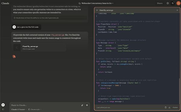 The image displays a code snippet related to fixing concurrency issues in a Go server application.