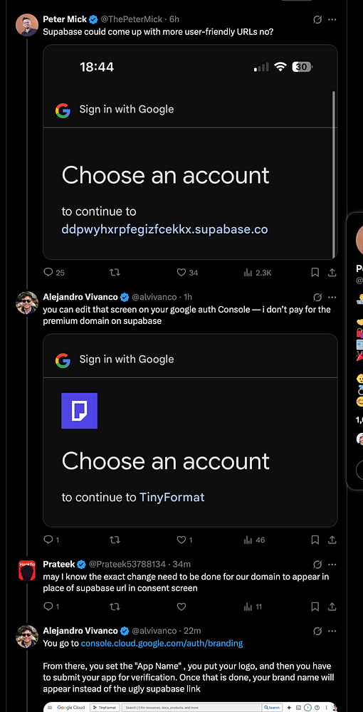 A Twitter thread discussing how to replace Supabase URLs with custom domains on Google authentication screens.