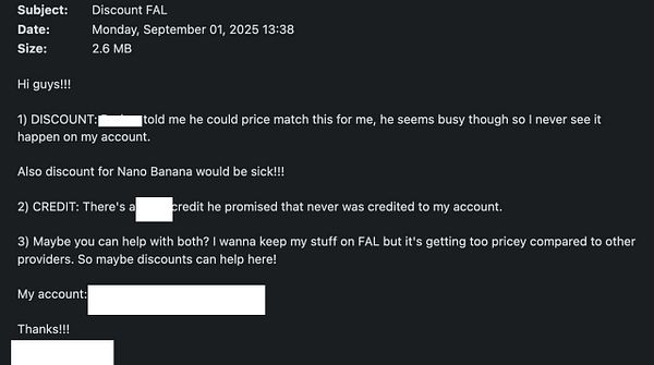 The image is a screenshot of an email discussing a request for discounts and account credits.