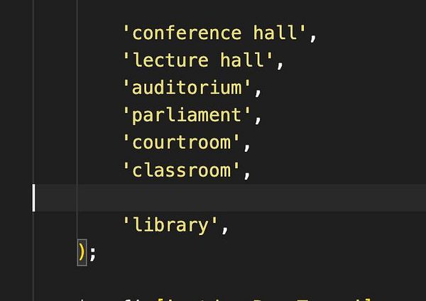 The image displays a snippet of code listing various room types.