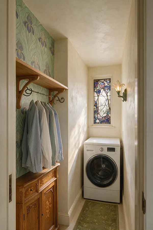 A narrow laundry room with cream walls, a white front-loading washer, and a small stained-glass window at the far end. On the left, a wooden shelf and carved cabinet with hanging clothes sit against green floral Art Nouveau wallpaper, while a decorative wall sconce adds a warm glow.