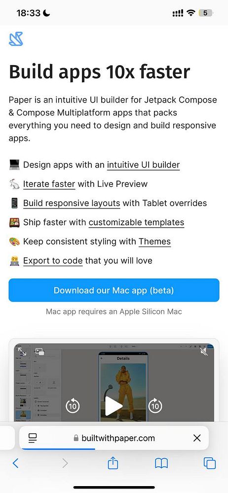 The image displays a mobile landing page for the Paper app, showcasing its features and a call to action.