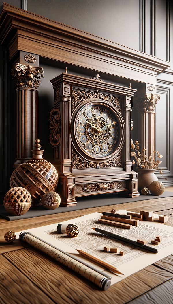 a beautifully crafted mantel clock sitting prominently on a rich, wooden fireplace mantel, surrounded by decorative elements that complement its style