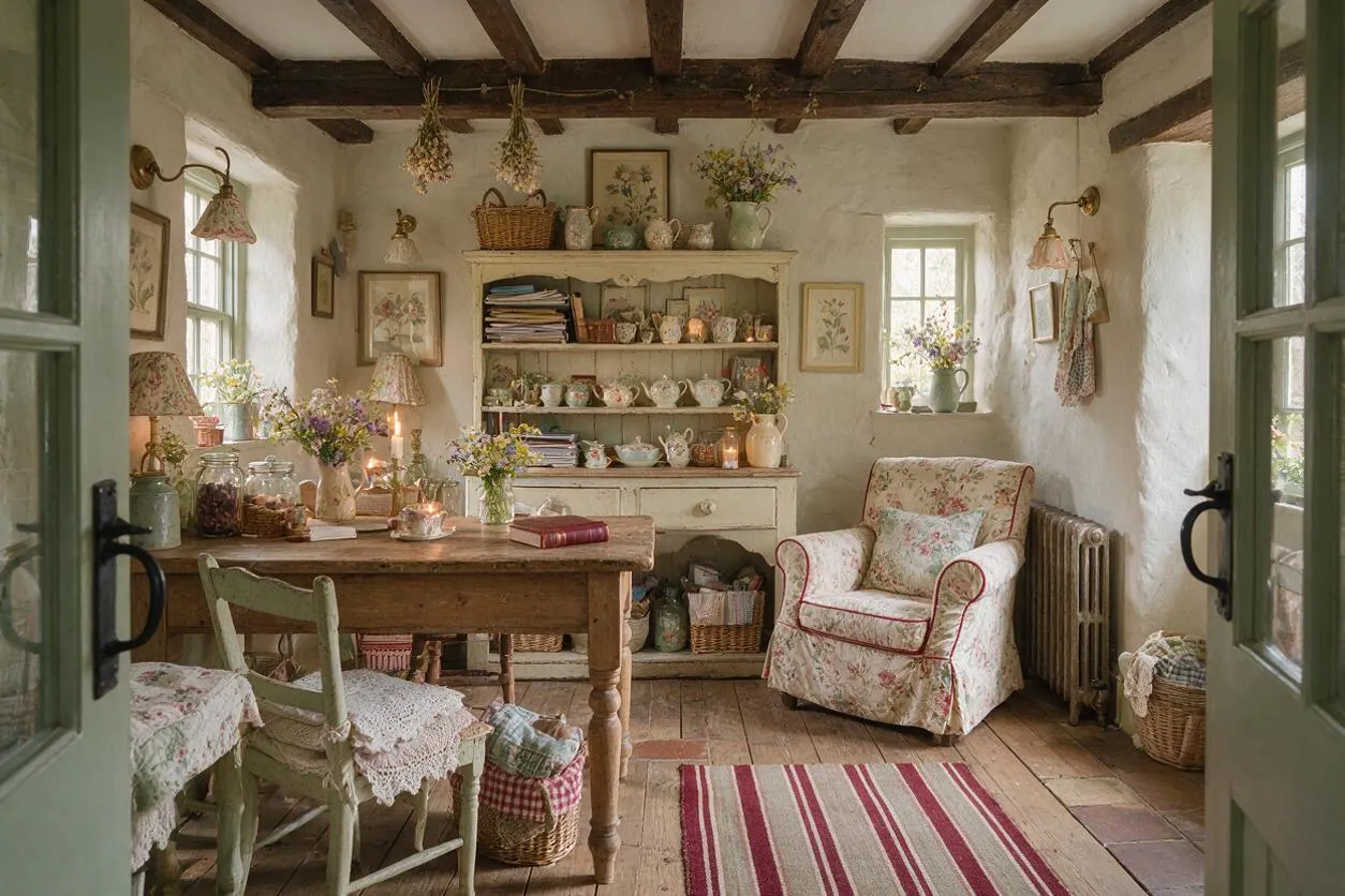 A cozy cottage-style home office with exposed dark wood ceiling beams, white plaster walls, and a rustic wooden desk layered with flowers, candles, and books. A painted shelving unit displays teacups, jars, and decor, while floral armchairs, lace textiles, and a striped rug create a soft, romantic atmosphere.