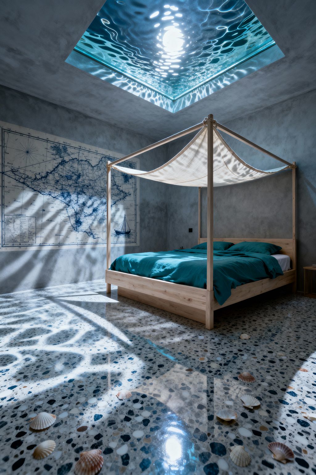 Coastal-themed kids’ bedroom with a light natural wood four-poster bed draped in a sail-like canvas and teal bedding, set on a glossy blue-and-white terrazzo floor scattered with seashells. Gray plaster walls feature a large navy nautical map, and a square glass ceiling skylight casts rippled, underwater-style light across walls and floor, creating a calm ocean atmosphere; a small wooden nightstand sits to the side.