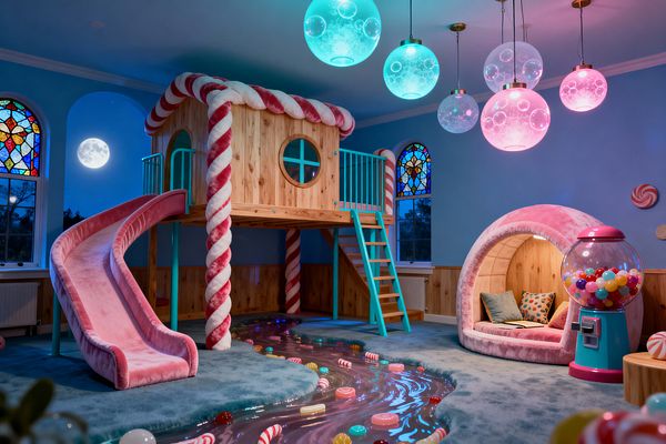 A whimsical kids’ playroom features a pine-clad loft with candy-cane columns, an aqua ladder, and a plush pink slide. A glossy chocolate-colored stream with faux candies meanders across blue carpet under teal and pink bubble pendants, beside a velvet cocoon seat, stained-glass windows, and a retro gumball machine, creating a cozy, imaginative space with soft, colorful lighting and playful details.