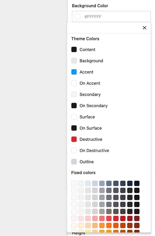 A color selection interface for a design tool, showcasing various theme colors and fixed color options.