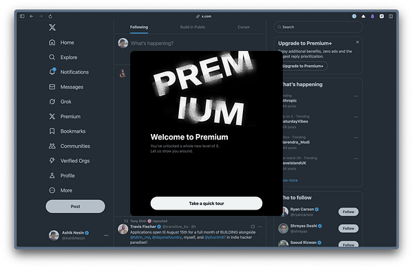 The image displays a Twitter interface with a prompt to subscribe to X Premium.