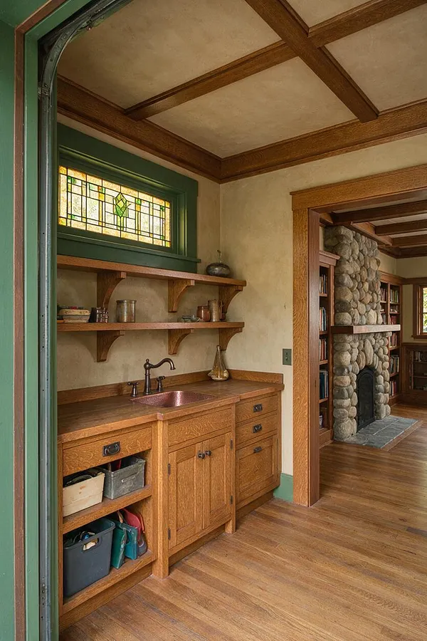 A Craftsman-style backyard mudroom or prep area with warm oak cabinetry, open wood shelves, a copper sink, and a small stained-glass window framed in deep green trim. The room opens toward a cozy adjacent space with a fieldstone fireplace and built-in bookshelves, all finished in earthy neutrals and natural wood tones.