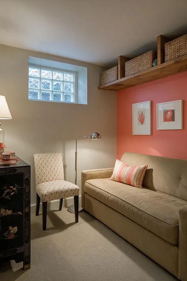 A cozy eclectic basement sitting area with a beige sofa, striped lumbar pillow, floral upholstered chair, and a silver floor lamp. A coral accent wall holds two framed prints beneath woven storage baskets on a wood shelf, while a small glass-block window brings in soft daylight.