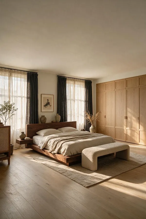 A serene master bedroom with a low walnut platform bed, cream bedding, and a textured beige bench on a soft rug. Light oak built-in wardrobes line one wall, while sheer curtains with dark drapes frame tall windows and warm natural light fills the room.