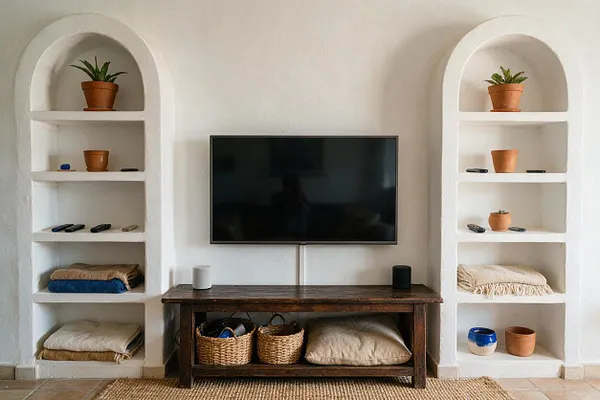 A Mediterranean-style media room with a wall-mounted flat-screen TV centered between two white arched built-in niches. The niches hold terracotta pots, folded textiles, and small decorative items, while a dark rustic wood console below stores baskets and cushions against a white plaster wall.