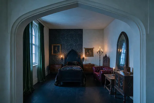 A moody Gothic master bedroom framed by a wide arched opening, featuring a dark wood bed against patterned black wallpaper, deep green curtains, and a red leather chair. A tall mirror, candle-style lighting, carved furniture, and dark flooring create a dramatic, medieval-inspired atmosphere.