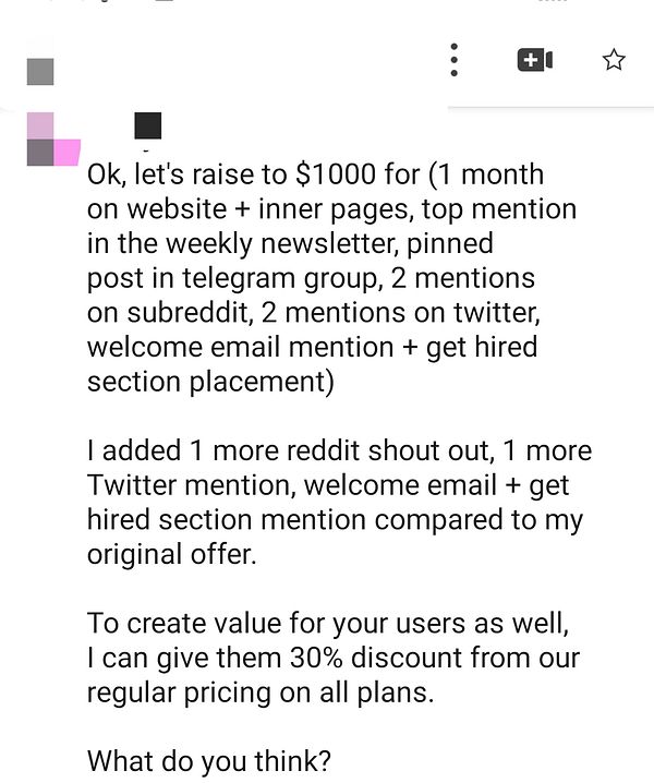 The image contains a detailed proposal for a $1,000 job board search promotion.