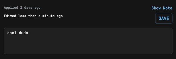 The image displays a user interface for managing applicant notes.