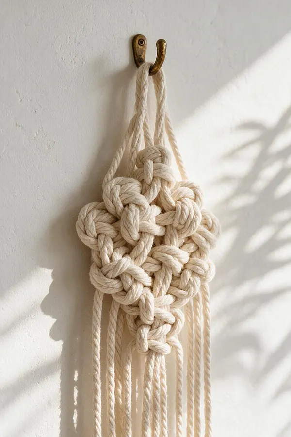 A cream-colored macramé wall hanging made of thick rope and intricate knotting is suspended from a small brass hook on a textured white wall. Warm sunlight casts soft shadows across the surface, highlighting the handcrafted bohemian detail.